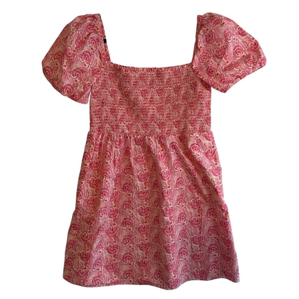 J.Crew Mini Dress Smocked Dandelion Large Pink Womens Short Puff Sleeve Summer
